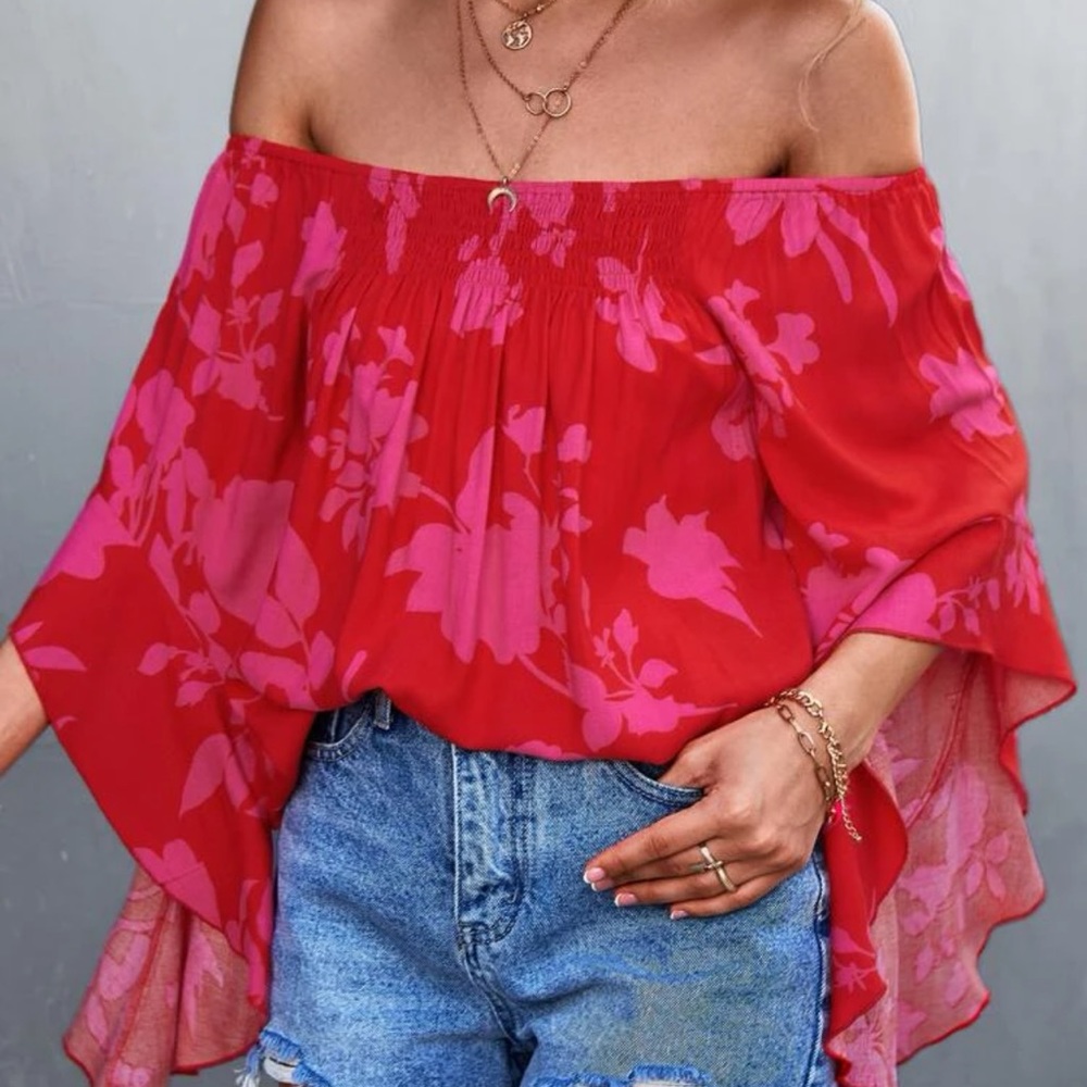 Off the shoulder ruffle flowy boho floral print top blouse orange pink - Picture 3 of 6